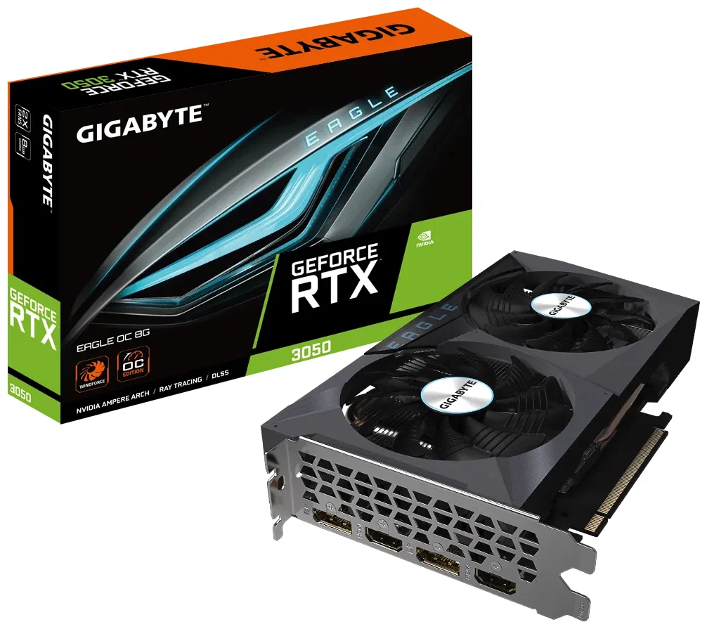  Видеокарта GIGABYTE NVIDIA GeForce RTX 3050 8 Гб GDDR6 128 бит PCIE 4.0 16x Memory 14000 МГц GPU 1777 МГц 2xВыход HDMI 2xВыход DisplayPort GV-N3050EAGLE-8GD